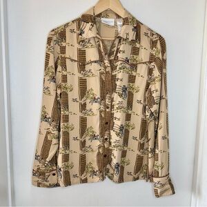 Liz Claiborne Equestrian Horse Print Snap Button Vintage Shirt Medium Western EU
